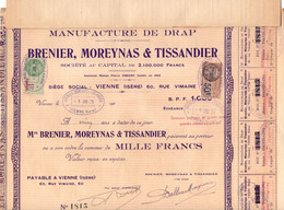 Action De 1000 Frcs Au Porteur - Manufacture De Drap - Brenier, Moreynas & Tissandier - Vienne - Isère - 1929. - Textil