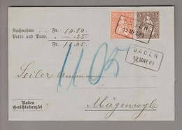 Schweiz Sitzende 1881-03-12 Baden Nachnahme Nach Mägenwyl Mit 20+25 Rp. Zu# 32+30 - Other & Unclassified