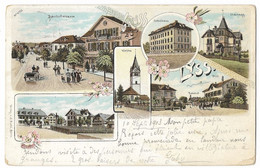 Gruss Aus LYSS: 6-Bild-Litho Mit Bahnhof, Post, Kutschen, Restaurant... 1903 - Lyss