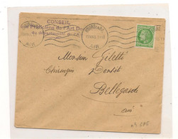 19-XI-45  TYPE CÉRÈS DE MAZELIN   SUR ENVELOPPE DE BOURG EN BRESSE (AIN) POUR BELLEGARDE ( GARD) CÔTE : 16,50 € - 1945-47 Cérès De Mazelin