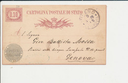 C3 CARTOLINA POSTALE  DA MILANO FERROVIA PER GENOVA 9-4-1878 - Postwaardestukken