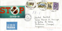 Stop Covid19, Vignette Locale Prevention Coronavirus Sur Lettre De Saint Petersburg, Adressée Andorra Avec Timbre à Date - Variedades & Curiosidades