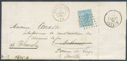 N°18 - 20 Centimes Bleu Obl; LP.77 Sur Lettre De CHARLEROY Le 27 Janvier 1866 Vers Melreux (biffé) Chanxhe, Via Hotton, - 1865-1866 Perfil Izquierdo