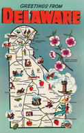 Delaware Map, State Flower, Lighthouse, Roads And Cities, C1950s/60s Vintage Postcard - Autres & Non Classés