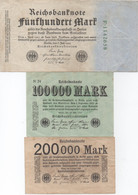 Lot De 3 Billets De Reichsbanknote : 5000 Mark (Jul 1922) + 100000 Mark (Jul 1923) + 200000 Mark (Août 1923) - Colecciones
