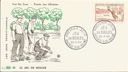 FDC - Pétanque, Jeu De Boules, Valence-sur-Rhone, Timbre Guadeloupe Rivière Sens Au Verso (Bowls - France) - Petanque