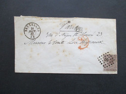 Belgien 1867 König Leopold I. Nr. 16 EF Nummernstempel 60 Und K2 Bruxelles Nach Paris PD Ank. Stp. France Midi I - 1865-1866 Perfil Izquierdo