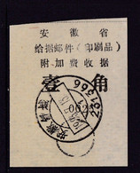 CHINA CHINE CINA ANHUI  SHUCHENG 231366  POSTAL ADDED CHARGE LABELS (ACL)  0.10YUAN - Autres & Non Classés