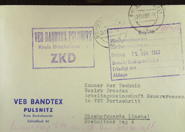 Fern-Brief Mit ZKD-Kastenst. "VEB BANDTEX PULSNITZ Kreis Bischofswerda" Vom 25.11.63 An Kammer Der Technik Bischofswerda - Covers & Documents