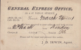 Canada Postal Stationery Ganzsache Victoria PRIVATE Print GENERAL EXPRESS OFFICE, TORONTO 1881 (2 Scans) - 1860-1899 Regering Van Victoria