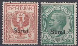 SIMI - 1912 - Lotto Comprendente 2 Valori Nuovi Non Timbrati E Non Gommati: Unificato 1 E 2. - Egée (Simi)