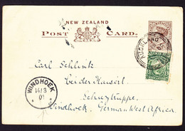 1901 Bild GZ Karte Mit Zusatzfrankatur Aus Auckland Nach Windhoek, Deutsch West Afrika. Ankunftstempel - Cartas & Documentos