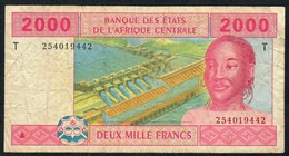 C.A.S. LETTER T CONGO P108Tb 2000 FRANCS Signature 9 RAREST SIGNATURE  F-VF FOLDS NO P.h. - États D'Afrique Centrale