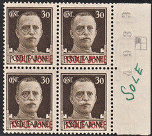 ITALIA REGNO 1941 ISOLE JONIE  VARIETA' " ...SOLE " SU CENT 30 QUARTINA MNH ** CAT. SASSONE 5b CV € 500+++  RARA SPL - Ionian Islands