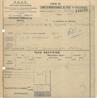 1945 / Avis Insuffisance Taxe Par SNCF Paris / 11 Cartons Margarine ( 605 Kg) D'Epinal à Martigny Vosges - Altri & Non Classificati