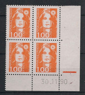 France - 1990 - N°Yv. 2620 - Marianne De Briat 1f Orange - Bloc De 4 Coin Daté - Neuf Luxe ** / MNH / Postfrisch - 1990-1999