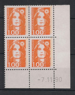 France - 1990 - N°Yv. 2620 - Marianne De Briat 1f Orange - Bloc De 4 Coin Daté - Neuf Luxe ** / MNH / Postfrisch - 1990-1999