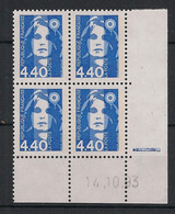 France - 1993 - N°Yv. 2822 - Marianne De Briat 4f40 Bleu - Bloc De 4 Coin Daté - Neuf Luxe ** / MNH / Postfrisch - 1990-1999