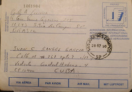 A) 1991, BRAZIL, POSTAL STATIONARY, FROM PARANA TO CARIBBEAN DESTINATION, PRE-STAMPING STAMP, INTERNATIONAL AEROGRAMME - Used Stamps