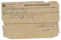 1949 LYON - CERTIFICAT D AUTORISATION CHAUFFEUR DE ROUTE - REGION SUD EST MATERIEL ET TRACTION - SCHNEIDER HENRI - Autres & Non Classés