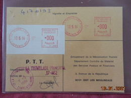 Carte De Contrôle Et D'intervention Sur Machine SATAS Du Bureau De La Tremblade Ppal 1984 - Covers & Documents