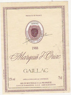 Etiquette GAILLAC Marquis D'Oriac - 1988 - Gaillac