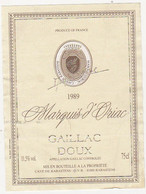 Etiquette GAILLAC Marquis D'Oriac - 1989 - Gaillac