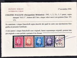 ITALIA COLONIE OCCUPAZIONE INGLESE MEF 1942 TIRATURA DEL CAIRO SASS. 1/5 MNH ** CERTIFICATO SORANI 2006 LUSSO - Occ. Britanique MEF