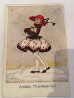 POSTCARD Illustrators - Signed > Koehler, Mela KINDER GIRL WITH PIG HAPPY NEW YEAR  AK OLD USED POSTCARD - Koehler, Mela