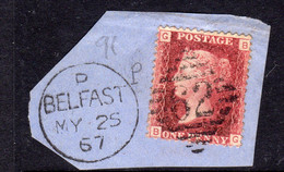 Ireland 1844 Numeral Cancellations: 62 Belfast Duplex On Piece, 1864 1d Red, Plate 91, GB, 1867, SG 43/4 - Prephilately