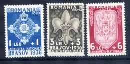 .ROMANIA 1936 Scout Jamboree Set  MNH / **.  Michel 516-18 - Unused Stamps