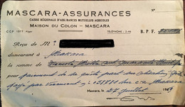 Algérie, Reçu De MASCARA-ASSURANCES - Maison Du Colon (CRAMA) à MASCARA, 27 Juillet 1959 - Andere & Zonder Classificatie