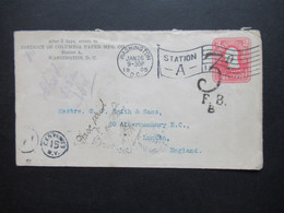 USA 1905 GA Umschlag Mit Fahnenstempel Washington DC Station A Und 3 F.B.B. Stempel Nach London / Nachporto - Storia Postale
