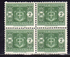 ITALY KINGDOM ITALIA REGNO 1945 LUOGOTENENZA SEGNATASSE DUE TASSE SENZA FILIGRANA UNWATERMARK MNH LIRE 2 QUARTINA BLOCK - Taxe