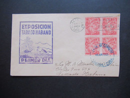 Cuba / Kuba 1950 Exposicion Tabaco Habano Primer Dia / FDC Mit Viererblock - Brieven En Documenten