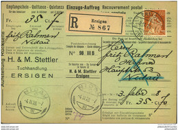 1928, Eingeschriebener Einzugs-Auftrag Mit 60 Rp Sitzende Helvetia Ab ERSINGEN - Lettres & Documents