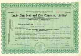 CANADA 1937 LUCKY JIM LEAD AND ZINC COMPANY Ltd., Zertifikat über 1.000 Gründer - Mijnen