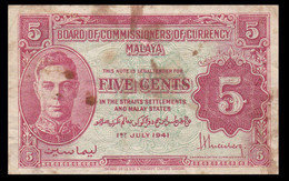 # # # Seltene, ältere Banknote Malaysien (Malaya) 5 Cents 1941 # # # - Malasia