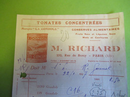 Facture à En-tête/Conserves Alimentaires/RICHARD/Tomates Concentrées/Sardines Les Reines Des Tables/Paris/1927  FACT443 - Food