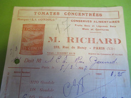 Facture à En-tête/Conserves Alimentaires/RICHARD/Tomates Concentrées/Sardines Les Reines Des Tables/Paris/1927  FACT444 - Food