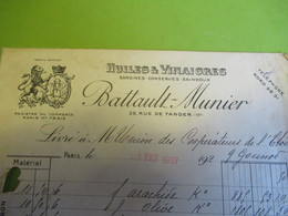 Facture Ancienne/ Huiles & Vinaigre/ BATTAULT MUNIER/35 Rue De Tanger 19éme/Etoile/Paris/1927           FACT452 - Food