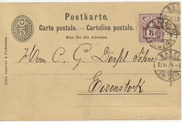 SCHWEIZ "BASEL / BRF. EXP." K2 5 C GA-Postkarte M. 5 C Braunkarmin Zusatzfr 1889 - Storia Postale
