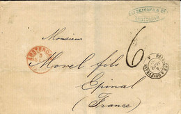 1869- Enveloppe D'Amsterdam ( Pays-Bas )  Taxe 6 D Tampon Pour Epinal -entrée BELGIQUE A QUEVRAIN Noir - Entry Postmarks