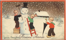 BONNE ANNEE 1945 - Enfants En Sabots Faisant Un Bonhomme De Neige - Paysage Châlet Sapins échelle Parapluie Brosse - Pennyless, James