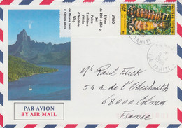 < Tahiti Polynésie 295 A .. Var0 + Vignette Sur Enveloppe Décorée Danseuses .. Par Avion 5 4 88 ... Superbe - Covers & Documents