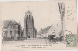 CROISILLES (62) CPA - La Grand Place Et L'église, Vestiges De L'ancien Chateau Fort, Caleche - Croisilles