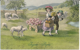 CPA Illustrateur STREYC Joyeuses Pâques Enfants Moutons M.M. MM VIENNE Nr . N°836 MUNK Viennoise - Streyc