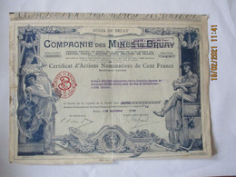 MINES DE BRUAY COMPAGNIE DES MINES DE BRUAY CERTIFICAT D'ACTIONS NOMINATIVES DE CENT FRANCS BRUAY LE 28 DECEMBRE 1950 - Sin Clasificación