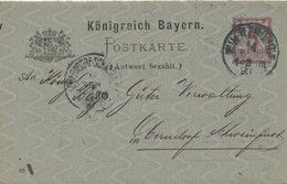 BAYERN "WUERZBURG I" K1 5 Pf GA-ANTWORTTEIL-Postkarte 1890 OBERNDORF-SCHWEINFURT - Postal  Stationery