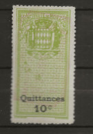 TIMBRES FISCAUX DE MONACO QUITTANCE  N° 1 10 C VERT GRAND C NEUF - Revenue